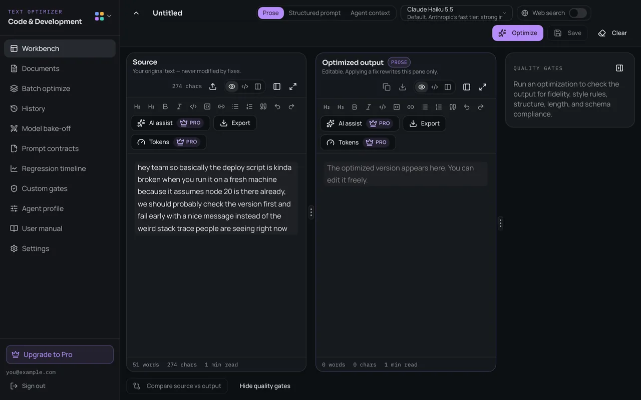 Dev Text Forge's workbench: an informal note about a deploy script in the source pane, next to the optimized output pane and quality gates